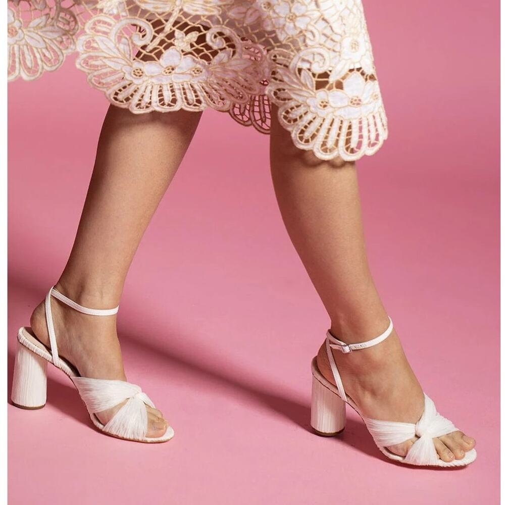 New Loeffler Randall Reed Heels Sandals Pleated Twist Ankle Straps Pearl 7.5B